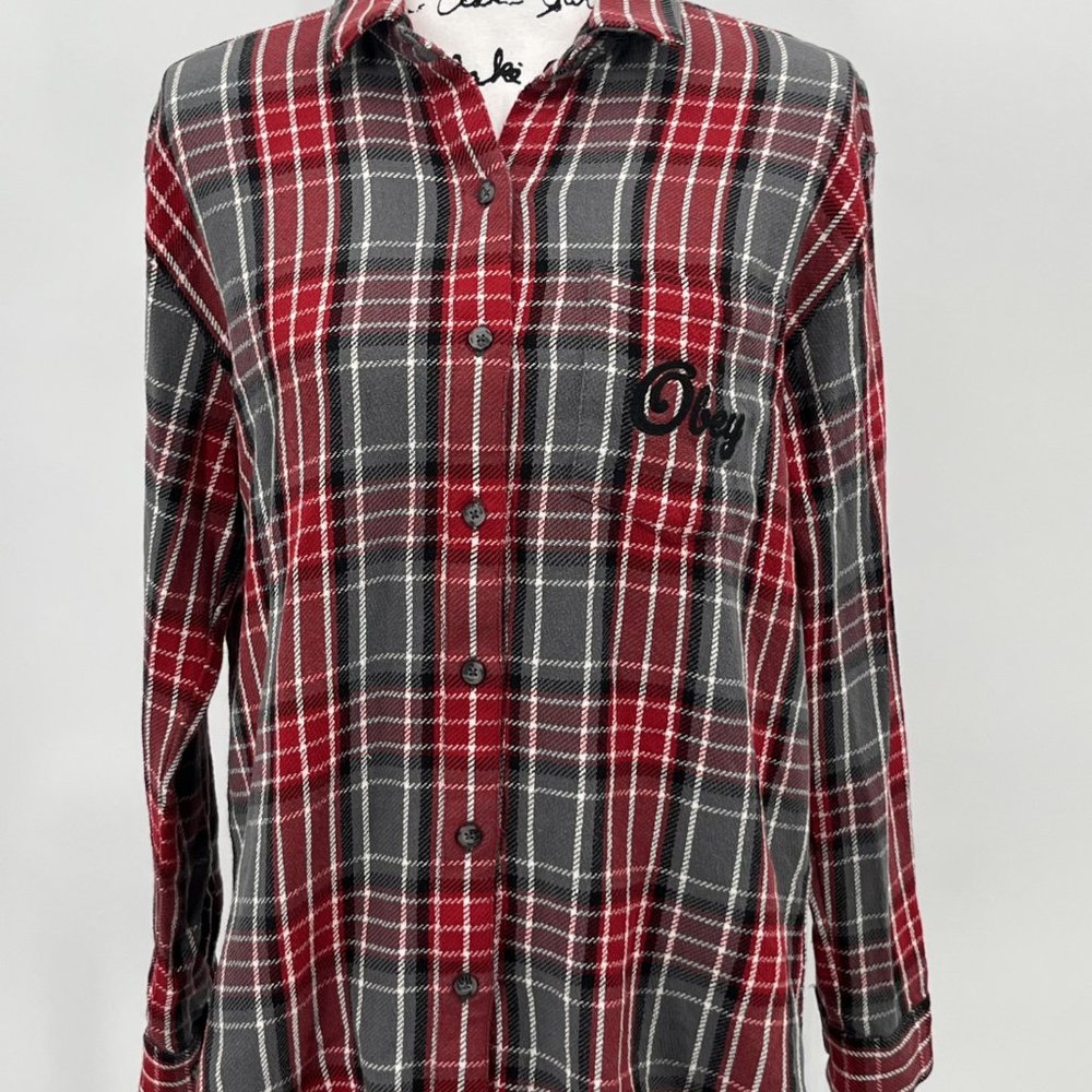 Obey‎ Flannel Shirt Women's Size Small Red Plaid Button Up Cotton Long Sleeve